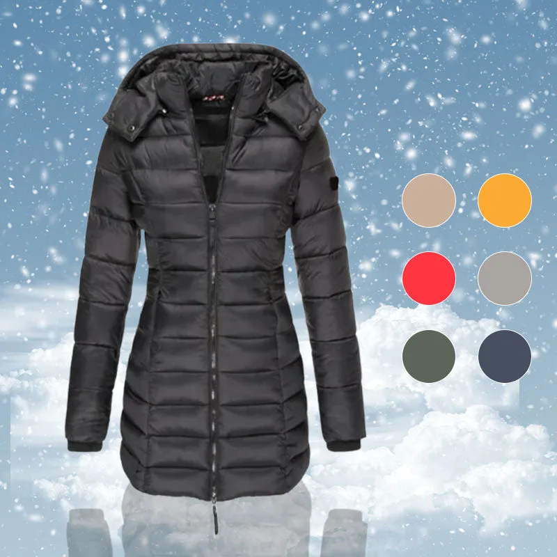 Winter women's mid-length padded jacket warm solid color hooded jacket