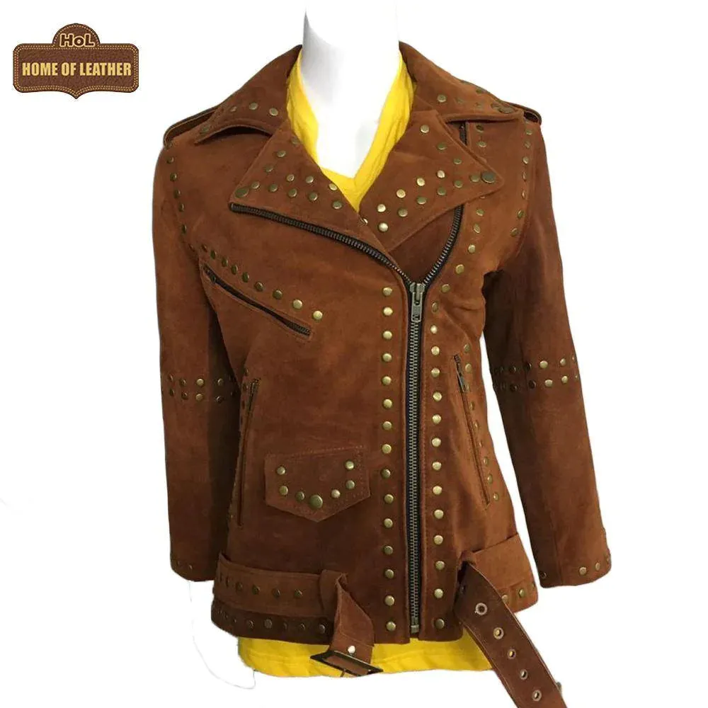 Women Brown Studded Brando Leather Jacket | SALE