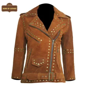 Women Brown Studded Brando Leather Jacket | SALE