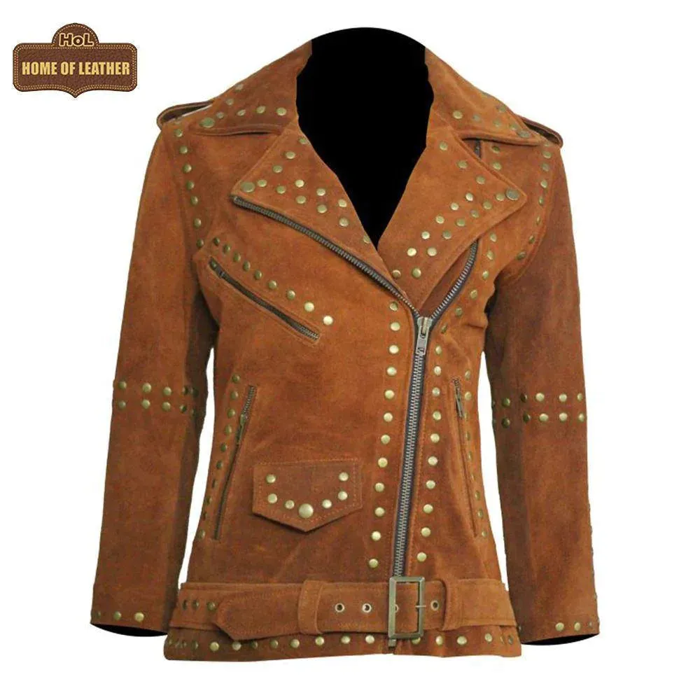 Women Brown Studded Brando Leather Jacket | SALE