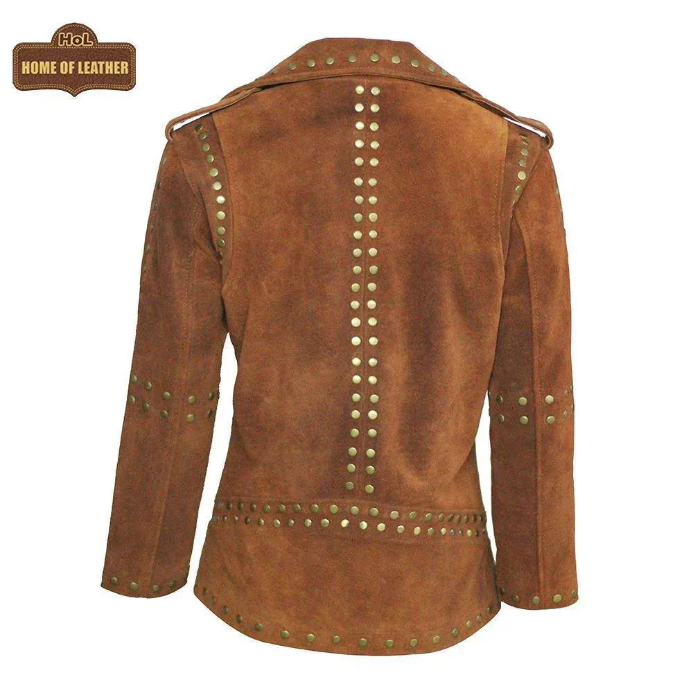 Women Brown Studded Brando Leather Jacket | SALE