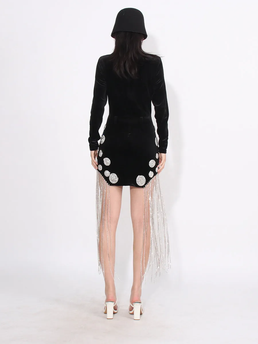 Women Deep V Neck Long Sleeve Tassel Sexy Mini Party Dress