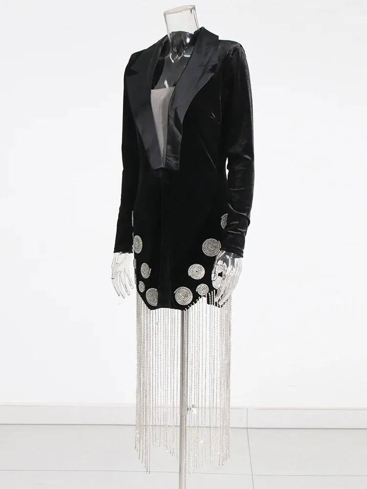 Women Deep V Neck Long Sleeve Tassel Sexy Mini Party Dress