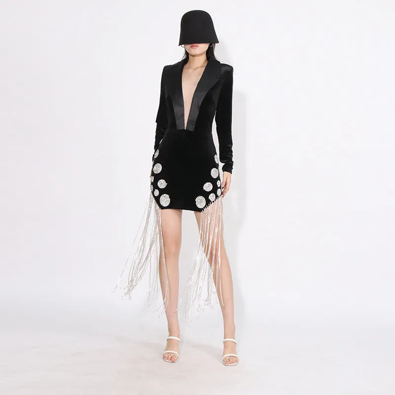 Women Deep V Neck Long Sleeve Tassel Sexy Mini Party Dress