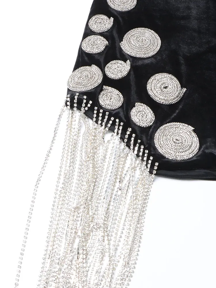 Women Deep V Neck Long Sleeve Tassel Sexy Mini Party Dress