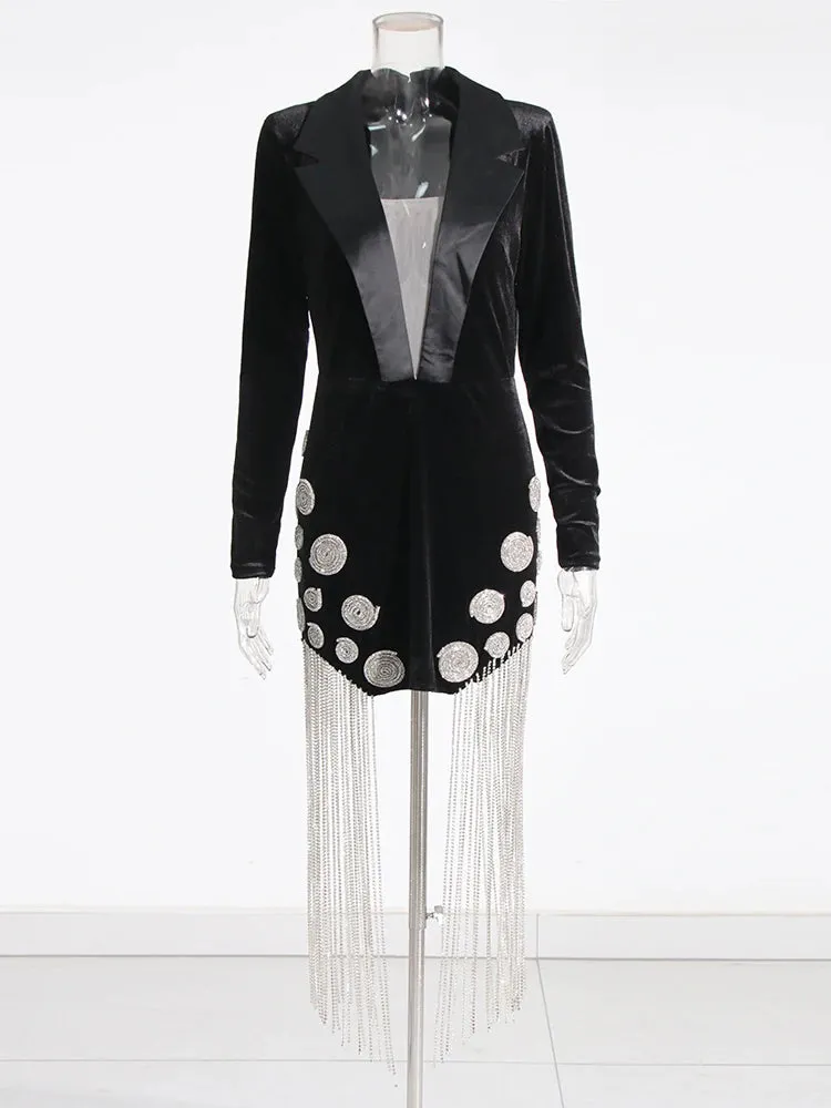 Women Deep V Neck Long Sleeve Tassel Sexy Mini Party Dress