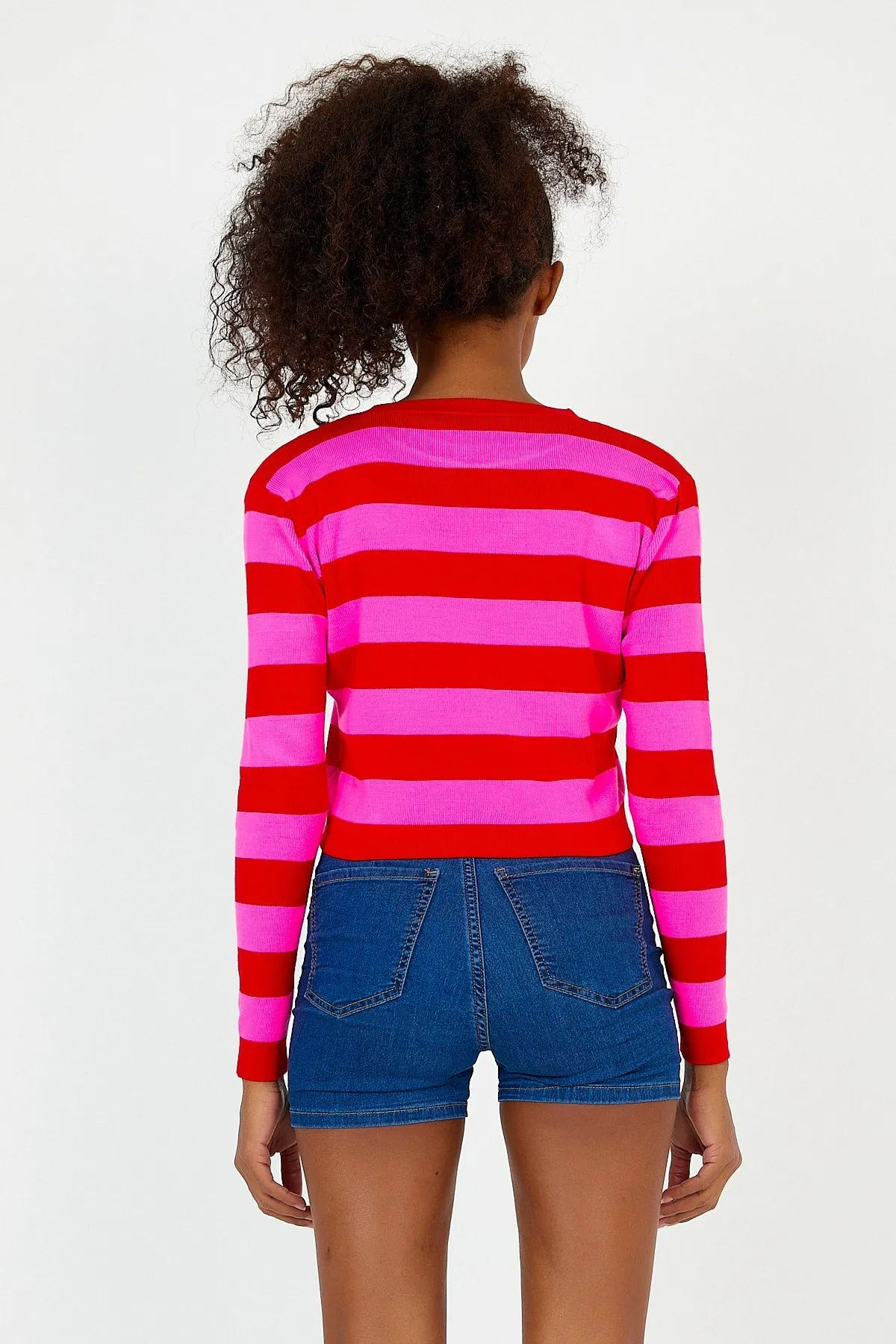 Women-s Fusya Red Striped Crew Neck Crop Knitwear Knitted Blouse Sweater