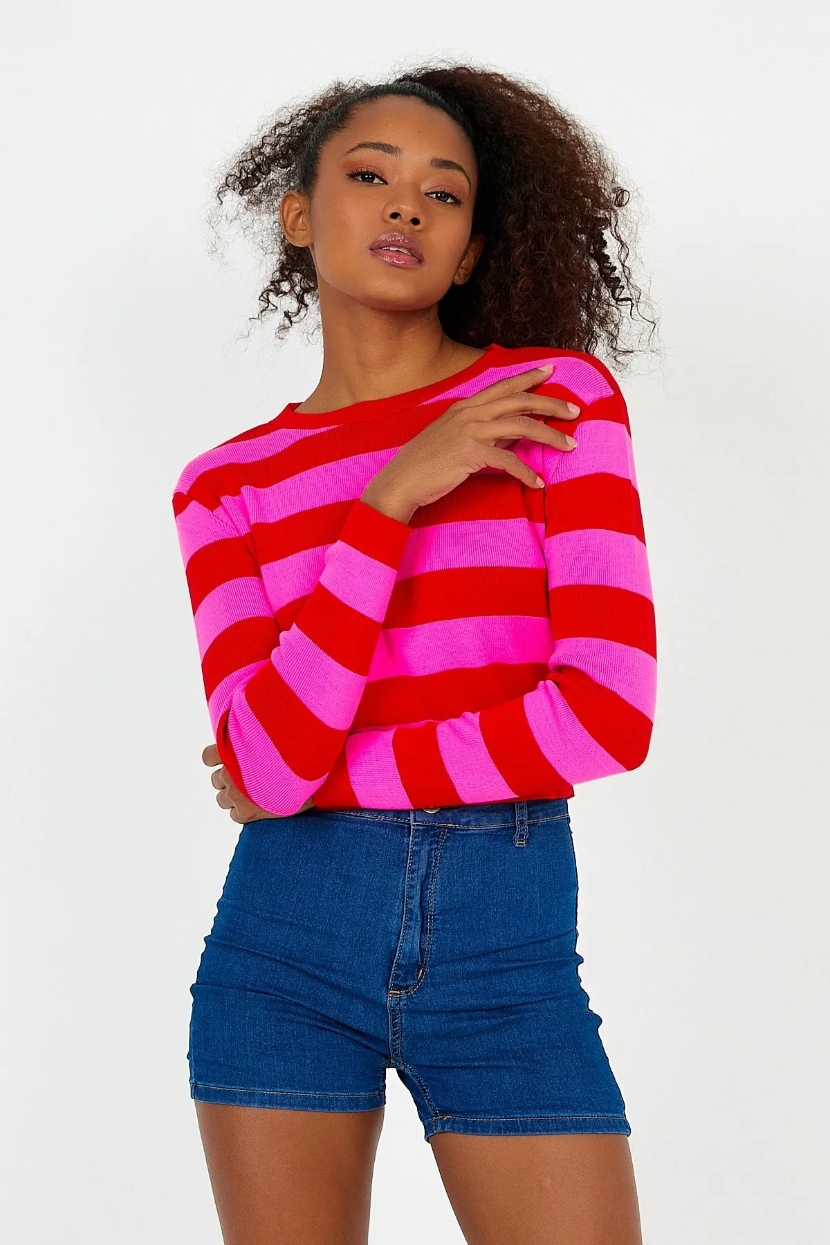 Women-s Fusya Red Striped Crew Neck Crop Knitwear Knitted Blouse Sweater