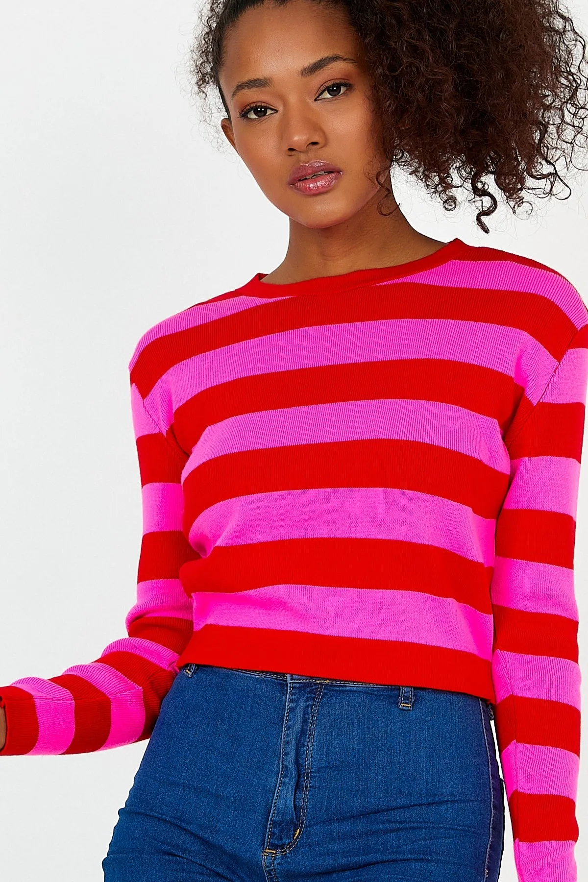 Women-s Fusya Red Striped Crew Neck Crop Knitwear Knitted Blouse Sweater
