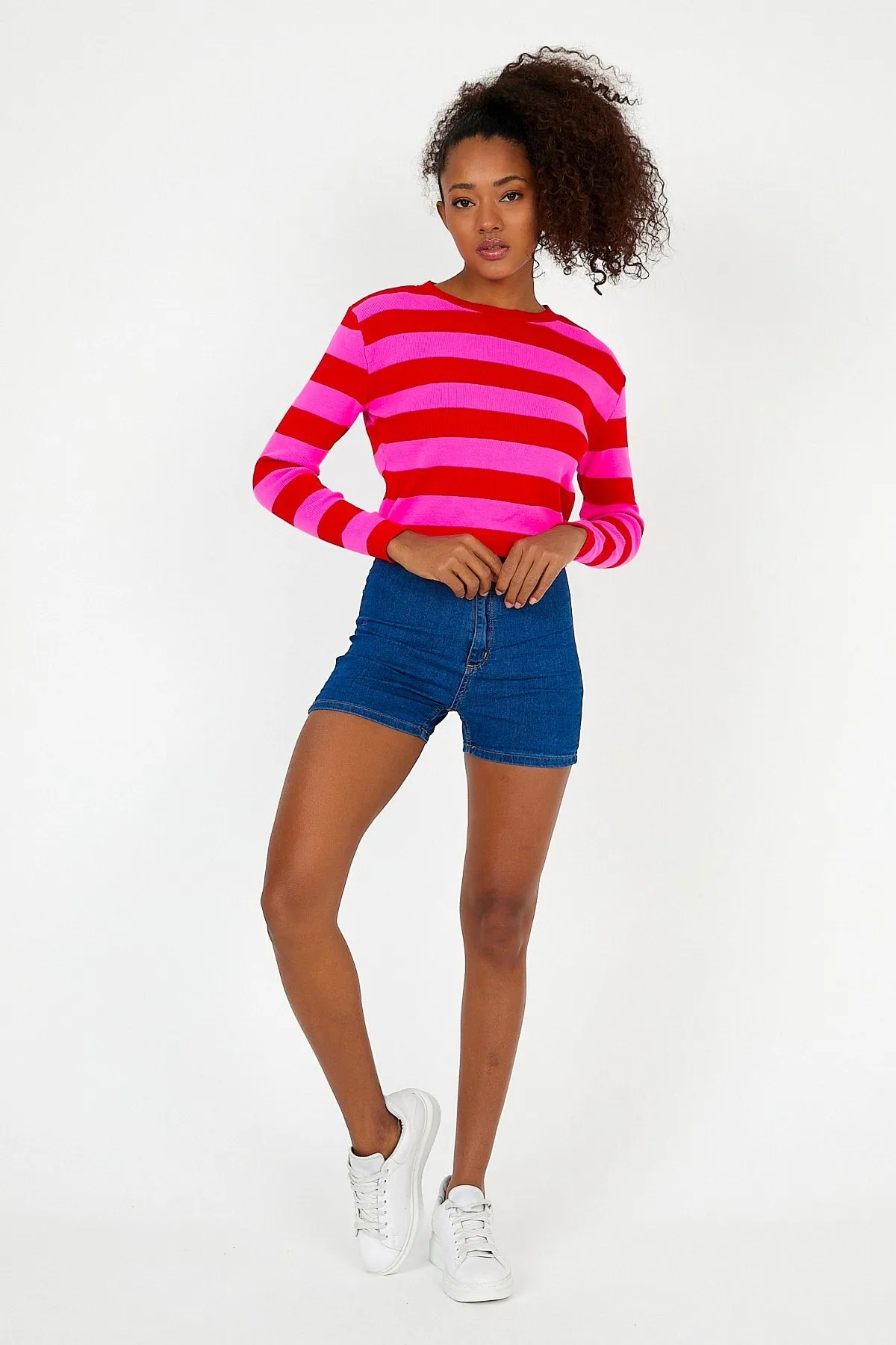 Women-s Fusya Red Striped Crew Neck Crop Knitwear Knitted Blouse Sweater